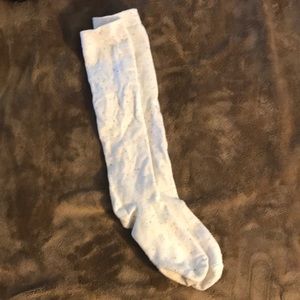 White with multicolored speckled knee high socks!